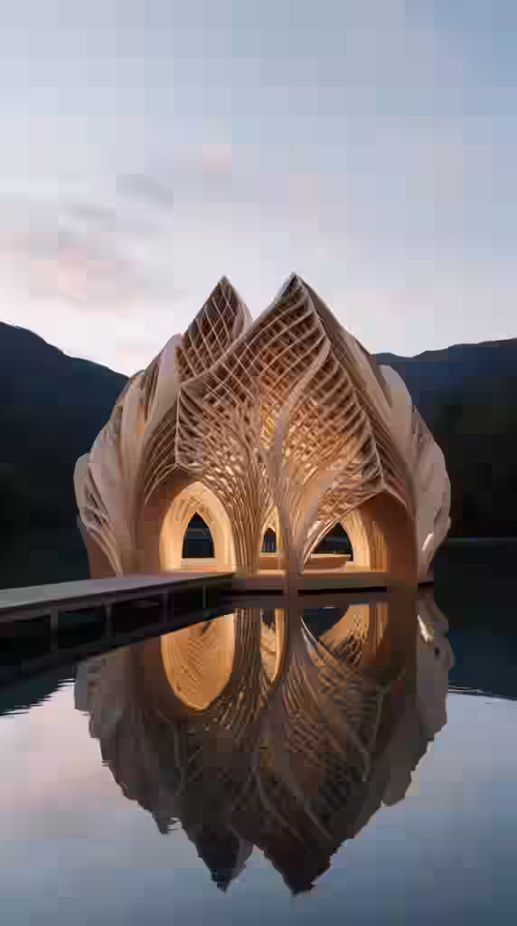 A wooden pod-shaped cabin reflected in a still mountain lake