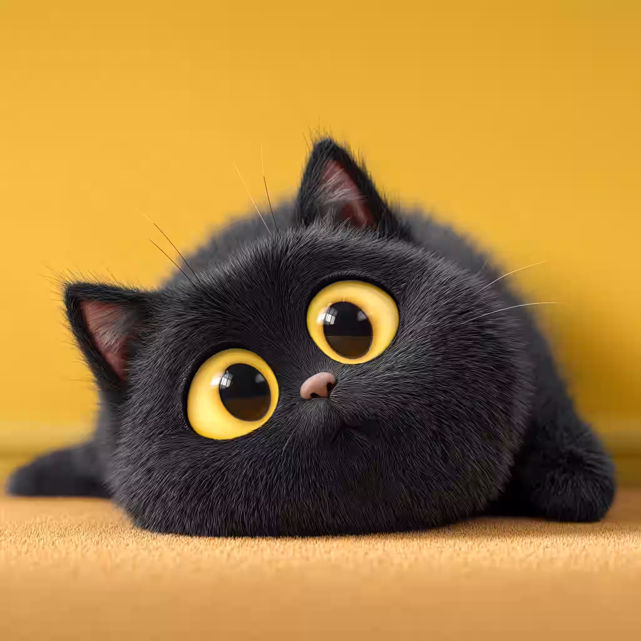 A fluffy black kitten with wide yellow eyes lying on a yellow backdrop