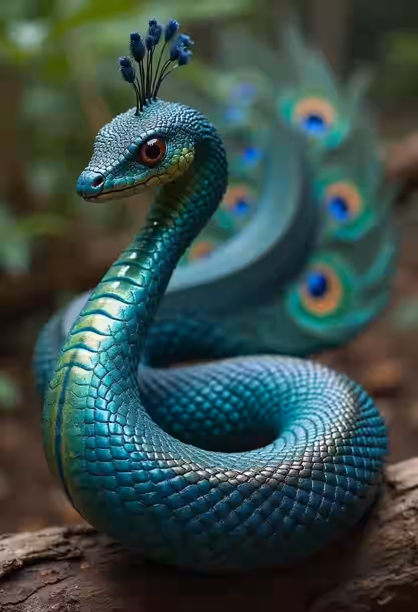 A teal snake with a peacock-feather crest coiled on a branch