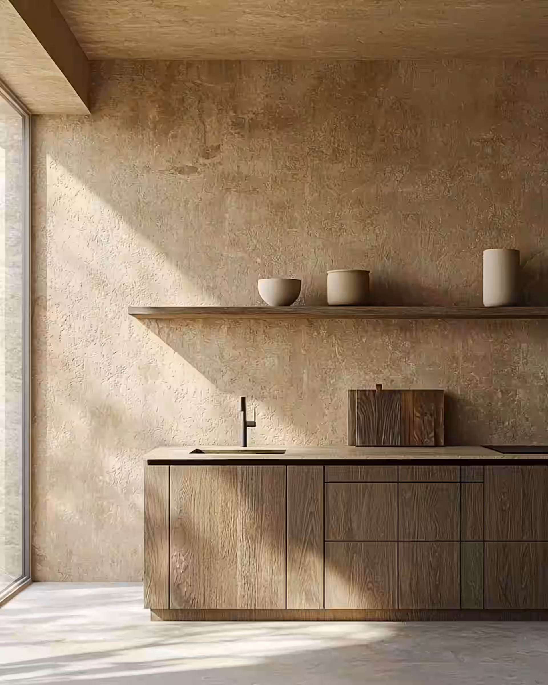 A minimal plaster kitchen with open wooden shelves