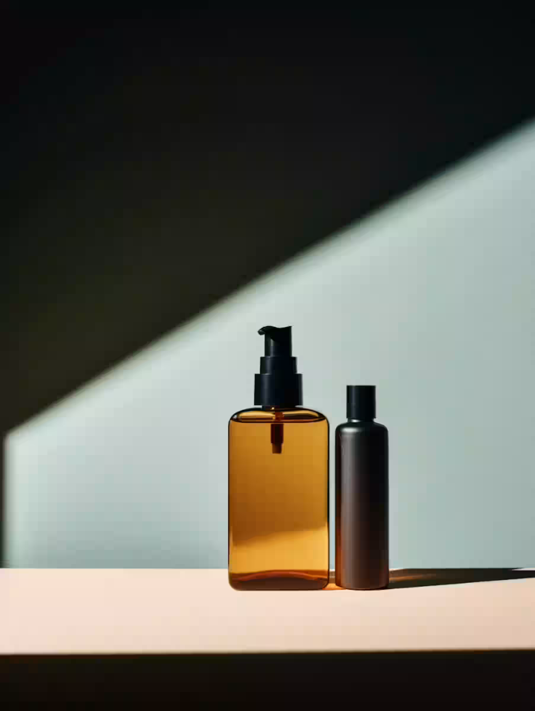 Amber and black cosmetic bottles in a hard shadow on a pale table