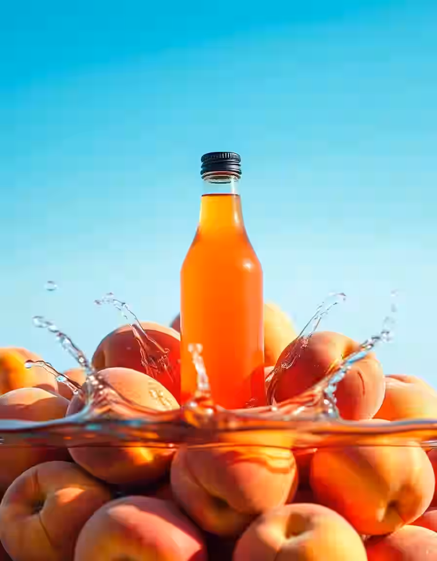 A bottle of orange juice rising out of a splash of peaches under a blue sky
