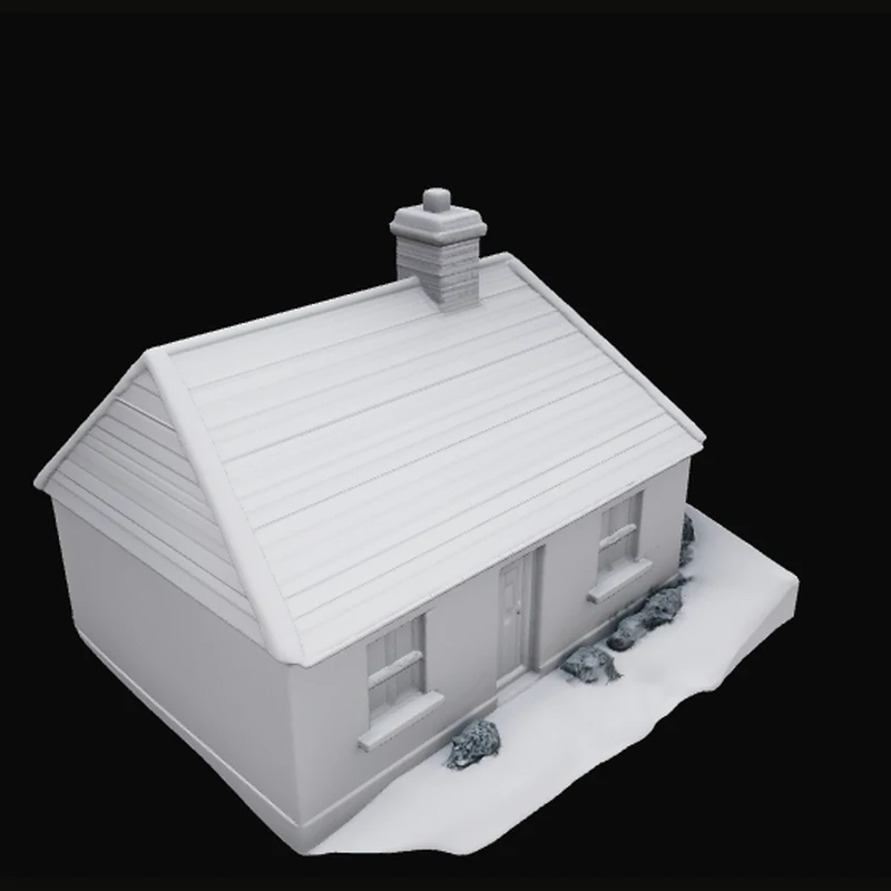 Render of a 3D cottage model with a chimney, on a snowy base