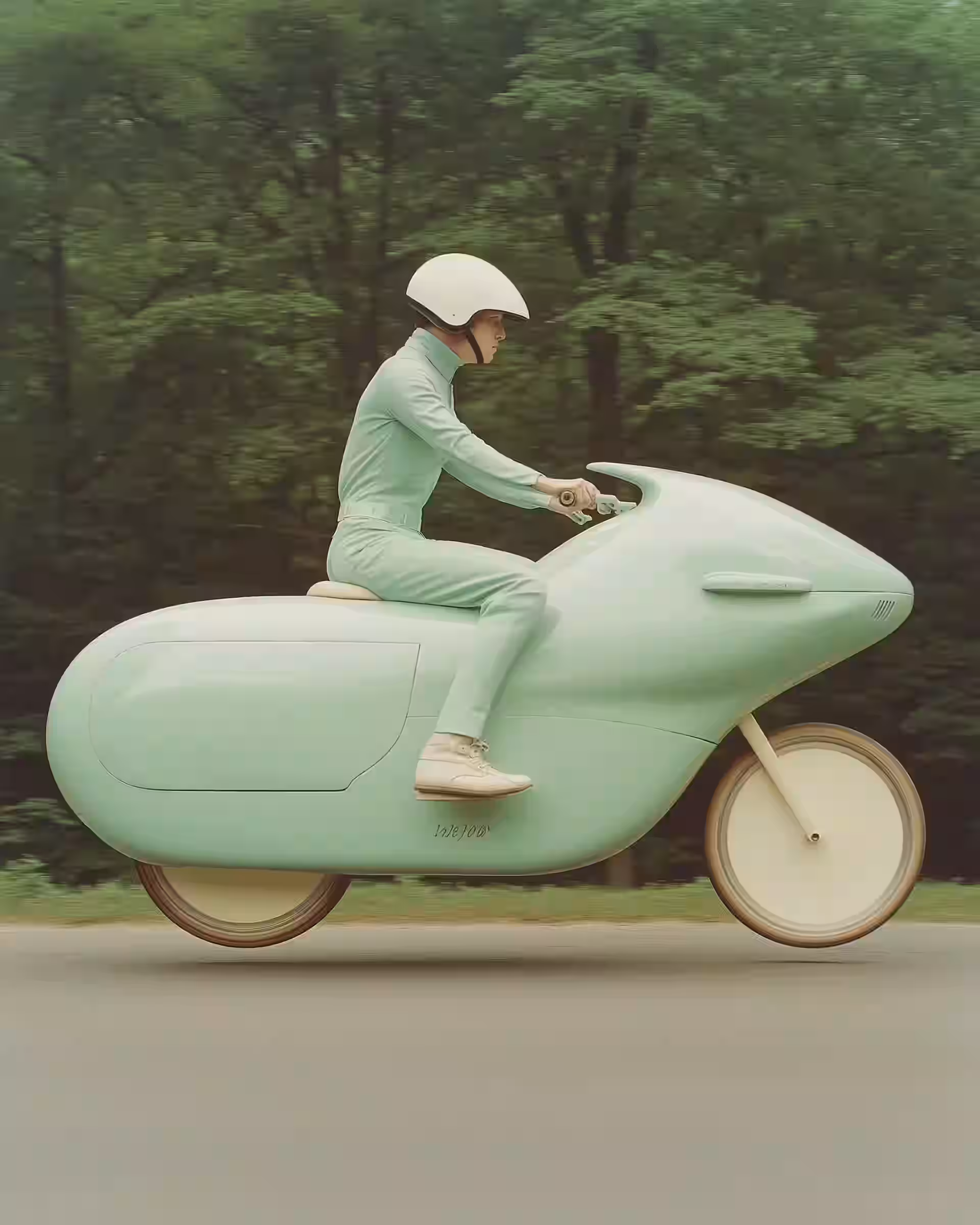 A rider in a mint green suit and helmet on a matching streamlined motorbike, trees behind