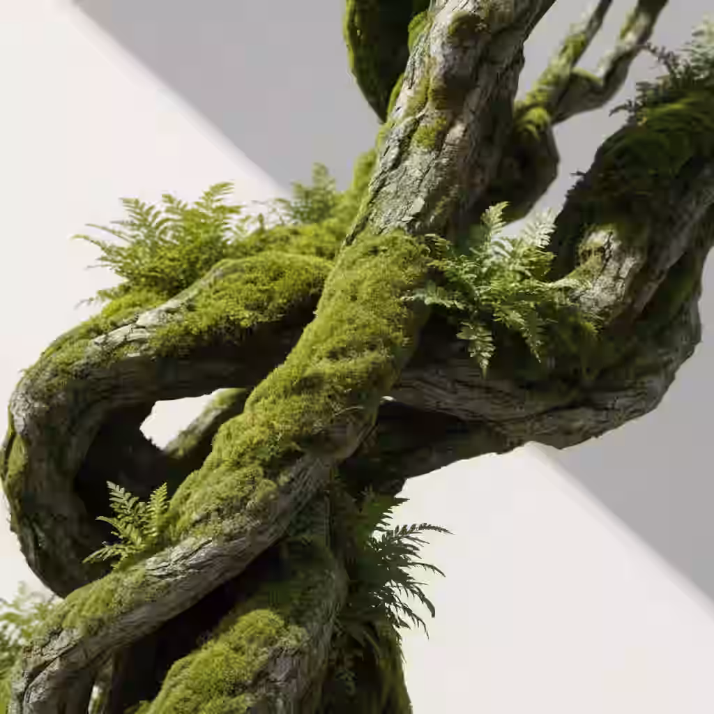 A twisted, moss-covered branch on a pale studio backdrop