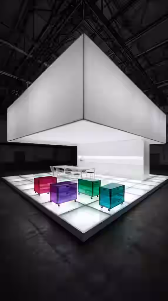 A glowing white canopy over coloured glass cubes on a lit plinth in a dark hall