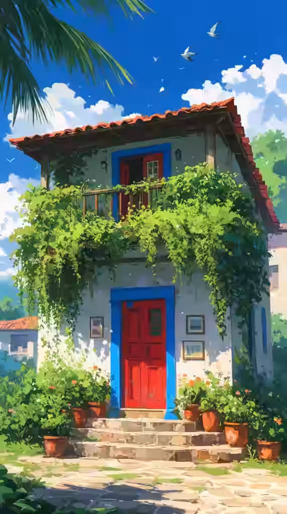 An illustrated white house with a red door, a balcony covered in vines, and potted plants on the steps