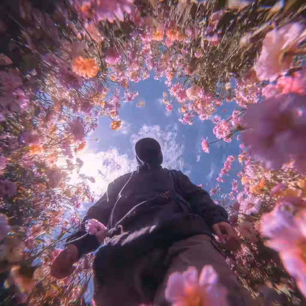 A wide-angle view looking up at a person framed by pink blossoms and a bright sky