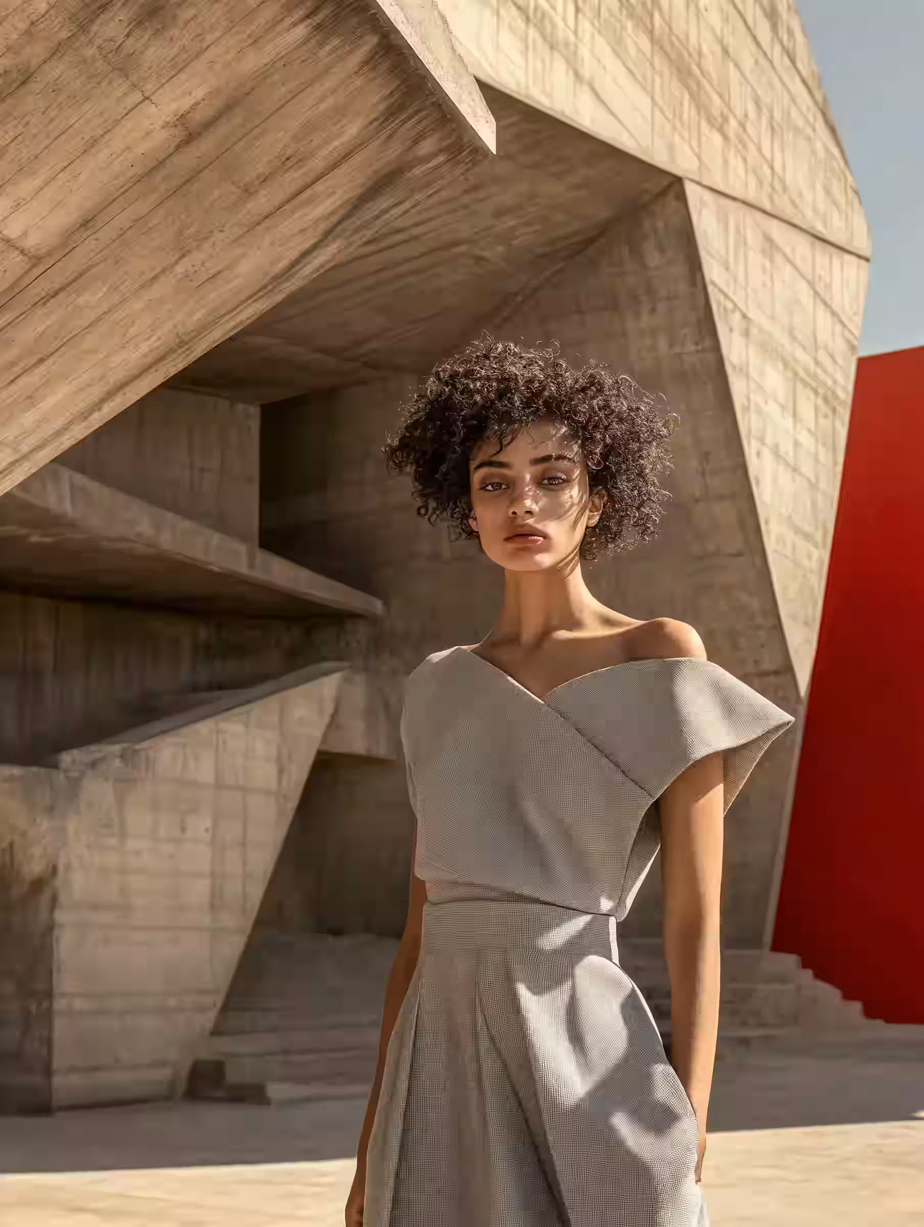 A woman in a sculpted grey dress in front of brutalist concrete architecture