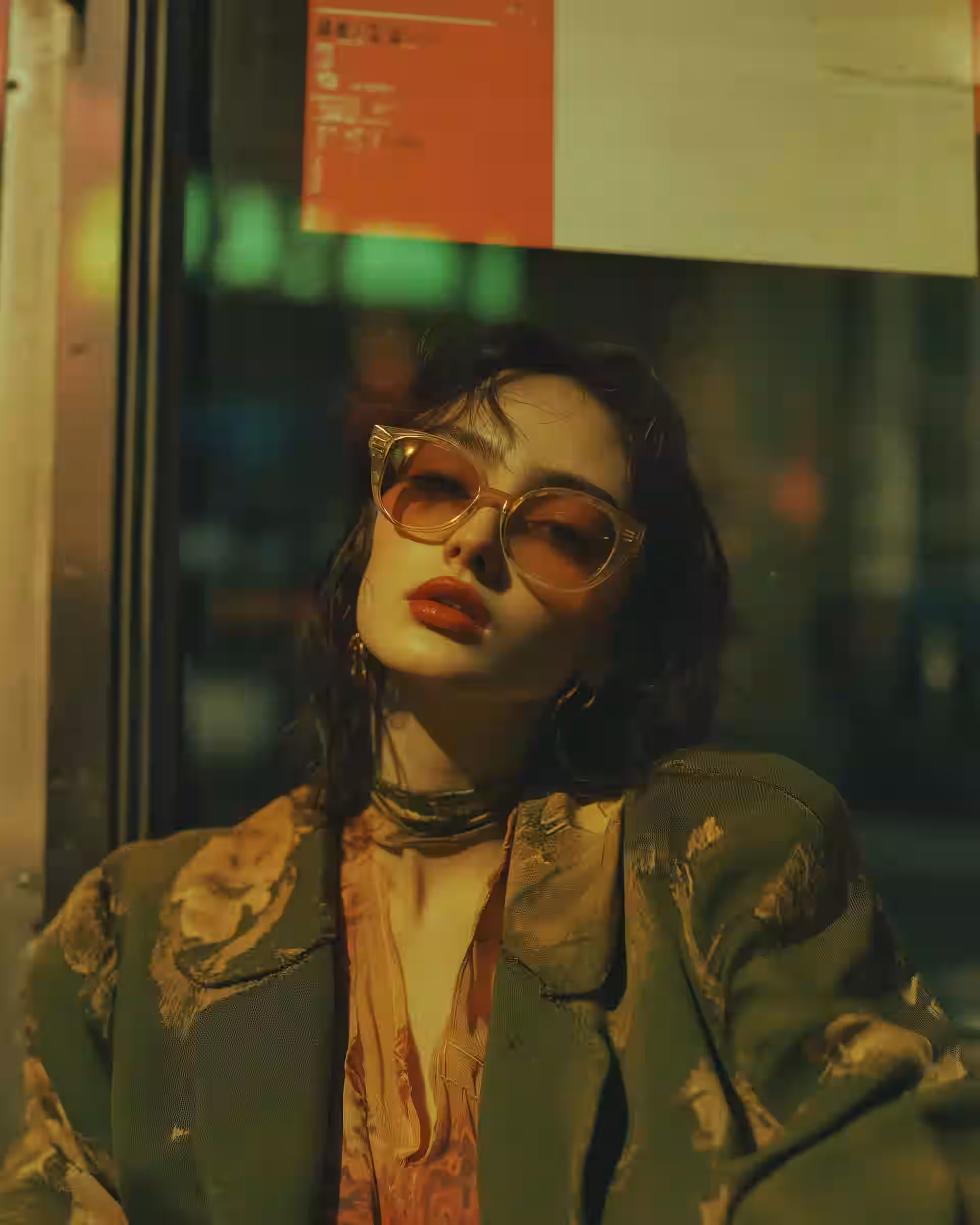 A woman in amber sunglasses and an olive jacket, lit by green and red neon