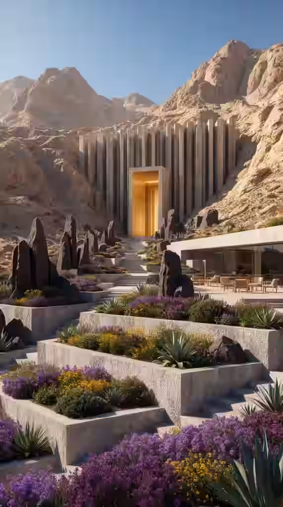 Terraced gardens of purple flowers leading to a doorway carved into a desert cliff