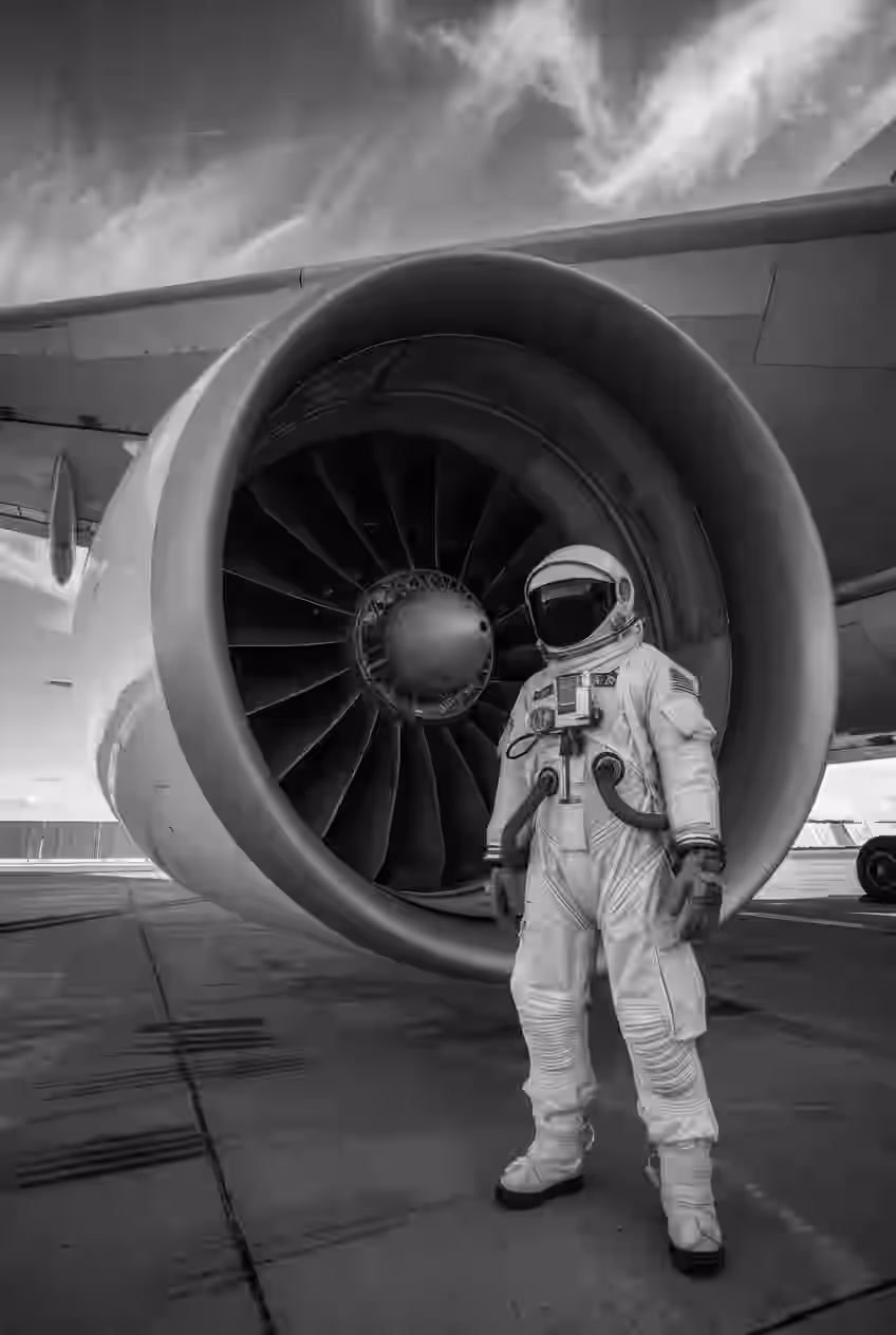 Black and white photo of an astronaut standing beside a jet engine on a runway